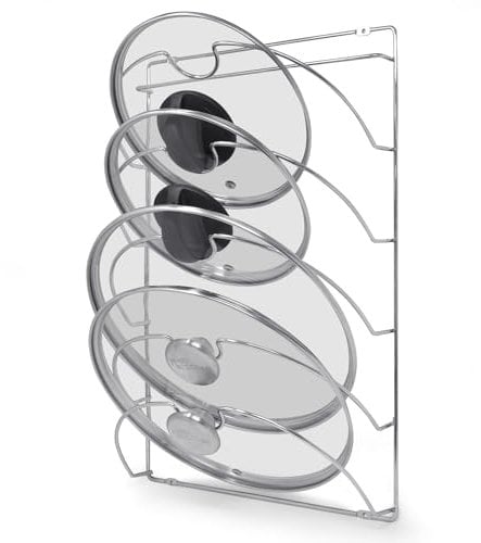 joeji's Kitchen Topfdeckelhalter - Wandmontage oder Schranktür - Deckelhalter für Pfannendeckel - 2 in 1 Selbstklebend Ohne Bohren oder Schrauben - Deckelständer Küchenzubehör (3-Fächern Chrom)