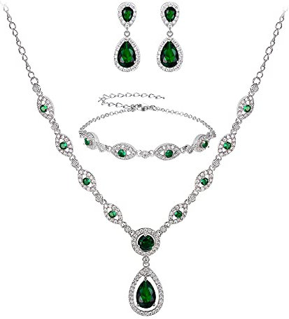 Clearine Statment Schmuckset Damen Hochzeit Cubic Zirkonia Tropfen Y-Halskette Kette, Armband und Ohrhänger Set Smaragd-Grün Silber-Tone