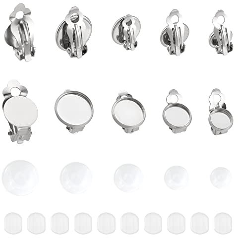 UNICRAFTALE 50 Sets 5 Größen 8/10/11/12/14mm Clip-On Ohrring Rohlinge Mit Cabochons Edelstahl Ohrring Mit Glas Cabochon Flache Tray Ohrring Clips Für Nicht Durchstochene Ohren DIY Ohrringe