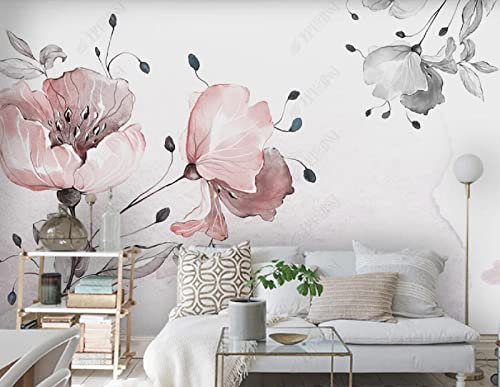 Papier Peint 3D Intissé Fleurs Gris Rose Aquarelle Papier Peint Panoramique 3D Moderne Décoration Murale