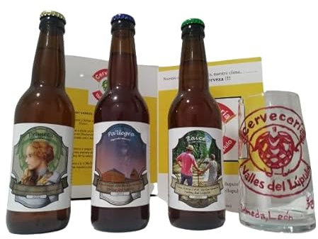 pack regalo, 1 PRIMETA (pilsen) + 1 PA´LLEGRA (pale ale) + 1 RAÍCES (nitro IPA) + vaso pintado a mano
