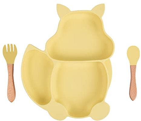 Baby Teller Schüssel,Baby Essen Geschirr Set Mini Silikon Tischset für Baby Teller Baby rutschfest Babyteller mit Saugnapf Kinderteller mit Saugnapf- BPA freies(Eichhörnchen-gelb)