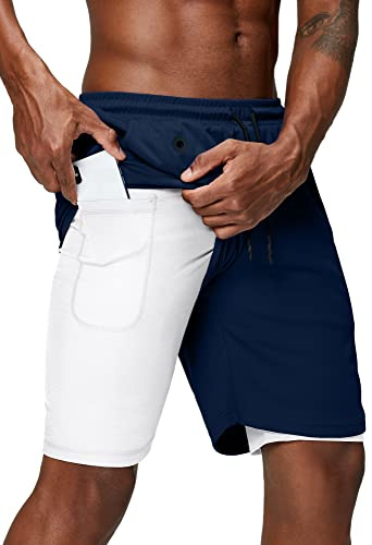 Pinkbomb Men's 2 in 1 Running Shorts Gym Workout Quick Dry Mens Shorts with Phone Pocket, Navy Blue2, Small