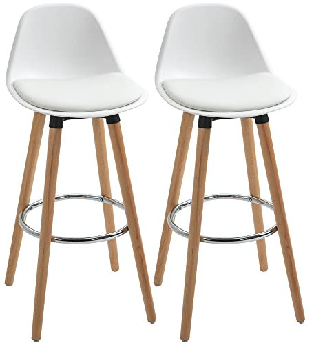 HOMCOM Juego de 2 Taburetes Altos de Cocina Altura Asiento 69 cm Taburetes de Bar Sillas Altas de Cocina Tapizado en PU con Respaldo Patas de Madera para Comedor Blanco
