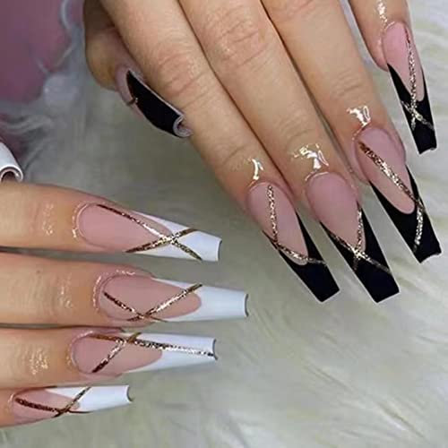 RUNRAYAY 24 pièces Appuyez Sur les Ongles Longs Faux Ongles, Ballet Français en Acrylique Noir et Blanc avec des Ongles en Feuille D'Or pour Femmes et Filles