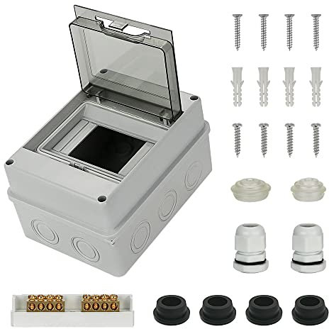 Coffret Électrique Étanche Éxterieur IP65, Boîtier de Distribution 5 Modules, Coffret Modulaire avec Bornier Laiton, Rail DIN, Presse Étoupes Étanche, Bouchon en Silicone Étanche et Bouchons Cache
