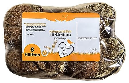Blumixx Kokosnusshälften mit Mehlwürmern – Vogelfutter, Wildvogelfutter Ganzjahresfutter, Proteinreich, Einfach Aufhängen, Eichhörnchen Futter, 8 Stück