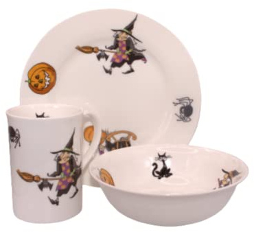 Bone China Witches Breakfast Set - 8 Inch Plate, Cereal Bowl & Mug