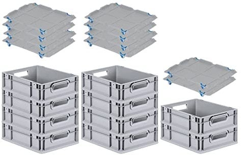 PROREGAL SparSet 10x Eurobox NextGen Grip mit Auflagedeckel & 4 blauen Schiebeschnappverschlüssen, HxBxT 12x30x40cm, 11 L, Grau, Griffe offen, Eurobehälter, Transportbox