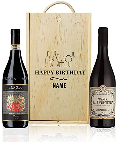 Personalised Luxury Montigoli Amarone della Valpolicella & Cucco Barolo Red Wine Gift Set – Happy Birthday Wine Gift Box for Him or Her – Premium Italian Present for Special Occasions