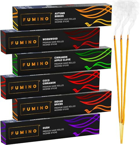 Fumino Räucherstäbchen Set Kamin & Frost Multipack - Entspannung & Meditation mit Handgefertigten Räucherstäbchen & Masala Agarbatti - Joss Duft - 6 Räucherstäbchen Probierset Boxen, 84 Stäbchen