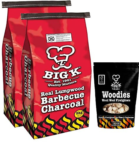 Big K BBQ Grill Charcoal Bulk - Pack of 2 x 5kg Real Lumpwood Charcoal Bags & 300g Woodies Wood Wool Natural Firelighters with Topline Card for Outdoor Barbeque, Fire Pit, Camping BBQs.