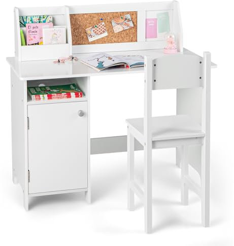 GYMAX Kids Desk and Chair Set, Wooden Children Table with Chair, Storage Space & Bulletin Board, Toddler Study Desk Set for 3 Years Old + Boys Girls (White)