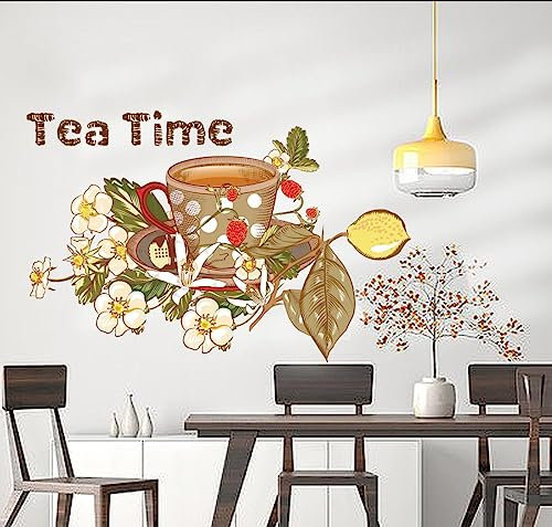 Wandtattoo Wandaufkleber vintage, Teetasse Flora „Tea time“, mehrfarbig cafe95, 11 Größen zur Wahl, Tea, Tee, Wanddeko, Wandbild, Küche, Esszimmer (Größe 11: 125 x 100 cm)