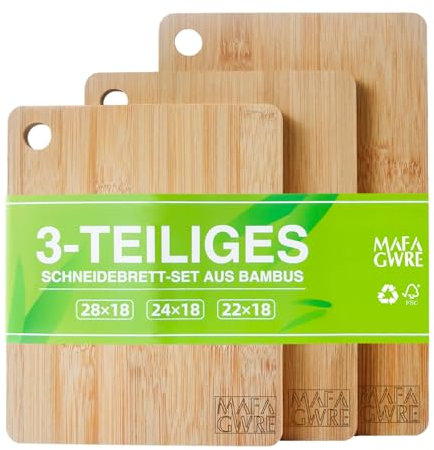 Mafagwre Bambus Schneidebrett, 3er Set: 28x18cm, 24x18cm, 22x18cm - Holzbrett für Küche, Frühstücksbrettchen aus Bambus