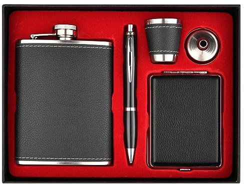 Hip Flask Gift Set for Men, Stainless Steel Leak-proof Hidden Flask, Leather Wrapped Cover Flask with Cigarette Case and Funnel, for Whiskey Wedding Party Groomsman Camping Climbing Hiking Picnic