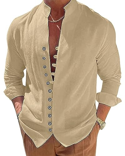 NANAMEEI Men's Long Sleeve Tops Linen Grandad Shirts for Men Cotton Linen Shirts, Khaki, M