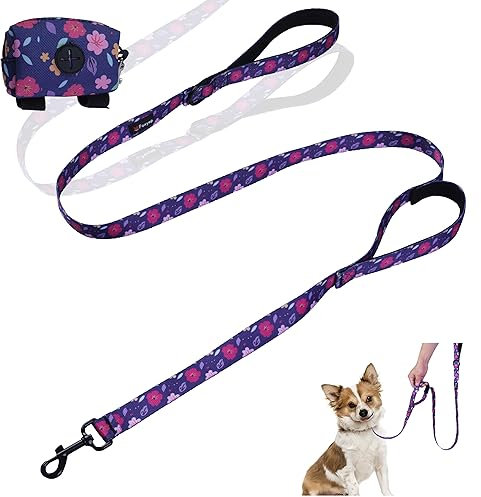Foxyep Hundeleine, 2 Griffe mit gepolstertem Griff für zusätzliche Kontrolle, mit Hundekotbeutel, niedliches Mädchen-Hundeleine, Blumen-Design für kleine, mittelgroße und große Hunde, Welpen (lila