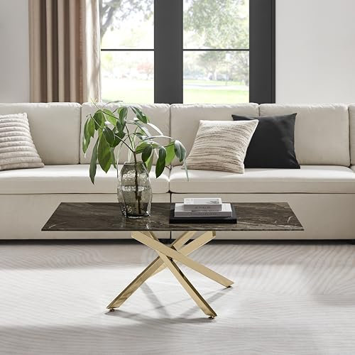 Furniturebox UK Leonardo Glass Dark Marble Effect Coffee Table - Shiny Gold Metal Legs In Stylish Nested Starburst Design - Modern Living Room Furniture for Contemporary Homes