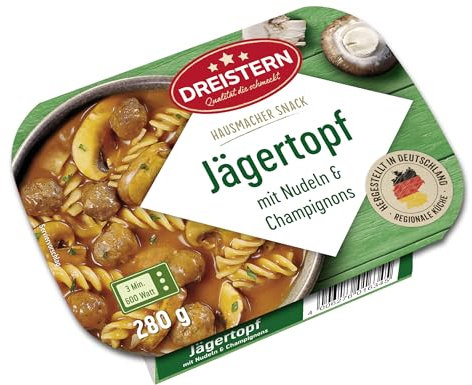 DREISTERN Jägertopf 280g I Mit Champignons & Nudeln I Herzhaftes Fertiggericht in Mikrowellenschale I Lange Haltbarkeit dank natürlicher Konservierung I Hausmacher Qualität
