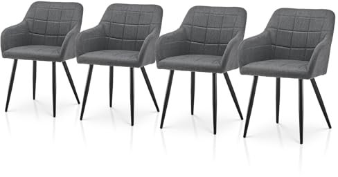 TUKAILAI Esszimmerstühle Set aus Leinen, Küchenstuhl mit Rückenlehne,Gepolsterter Sitz,Armlehnen,Metallbeine,Polsterstuhl Armlehnstuhl Sessel Küche,Esszimmer,Wohnzimmer (Leinen×4, Grau)