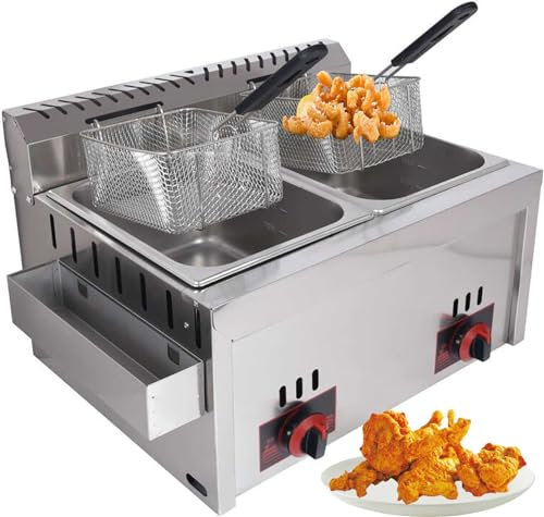 Premium Edelstahl Gasfritteuse - LPG-Fritteuse mit hoher Kapazität für den privaten und gewerblichen Gebrauch - Einstellbare Feuerkraft - Inklusive Körben und Deckel - Perfekt für Chips, Donuts, Fisch