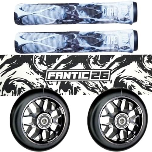 Fantic26 Stunt Scooter Ersatzteile Bundle Core Pro Soft 170mm Griffe mit Barends I F26 Spy7 110mm Abec11 Rollen I Griptape Swirl Schwarz/Weiß