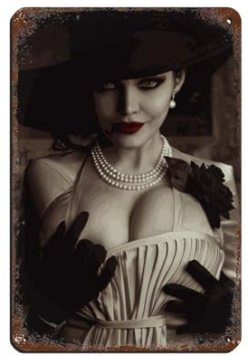 FrySky Resident Evil Village Alcina Dimitrescu Lady Poster 4 Blechschilder Vintage Metall Pub Club Cafe Bar Home Wandkunst Dekoration Poster Retro 20 x 30 cm