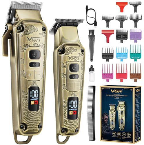 VGR Profi-Haarschneider für Männer, kabelloser Bartschneider mit T-Klinge, wiederaufladbares LED-Haarschneideset, Geschenk für Männer