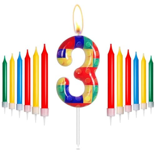 mciskin Candele di Compleanno con Mattoncini, Candele Numero 3 Rosse, Gialle, Verdi, Blu per Torta, Candele per Feste Pixel, Candele per Torta di Compleanno a Tema con Mattoncini per Ragazzi Ragazze D