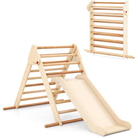 COSTWAY Toddler Climbing Frame, Folding Kids Triangle Climber with Slide, Wooden Indoor Montessori Play Gym for Boys Girls 1+ Years Old (Natural)