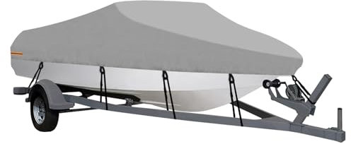 OutdoorLines Wasserdichte Bootsabdeckungen, 6,8 - 6,9 m lang, grau, strapazierfähig, UV-beständig, Anhängerbootabdeckung für V-Rumpf, Tri-Hull, Bassboot, Runabout Boot, Fisch und Ski, Profi-Angelboot