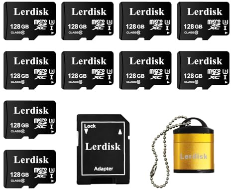 Factory Wholesale 128GB Micro SD Card 10-Pack, U3 A1 V30 Class 10, 80+MB/s Read for 4K Camera, Game Console, Drone,CCTV -with SD Adapter(128GBX10)