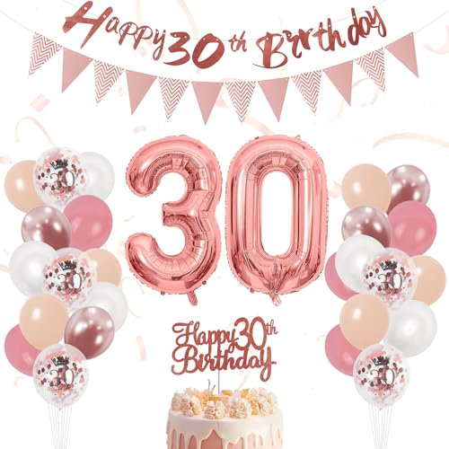 Zercart 30th Birthday Decorations for Women Men,30th Pink Rose Gold Birthday Balloons, Number 30 Balloons,Happy Birthday Banner, Happy 30th Birthday Banner with Cake Toppers Number 30 Balloons