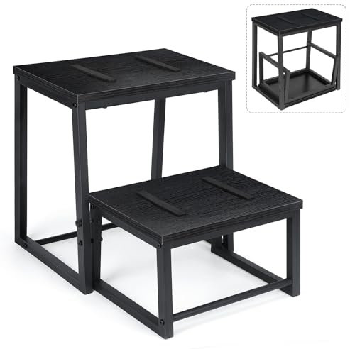 LIANTRAL 2-Stufen Tritthocker für Erwachsene und Kinder, Stabiler Metallrahmen Holzbrett Step Hocker Helfer, Unterstützt bis zu 160KG, Fußhocker, 2-in-1 Design verstaubarem Tritthocker, Schwarz