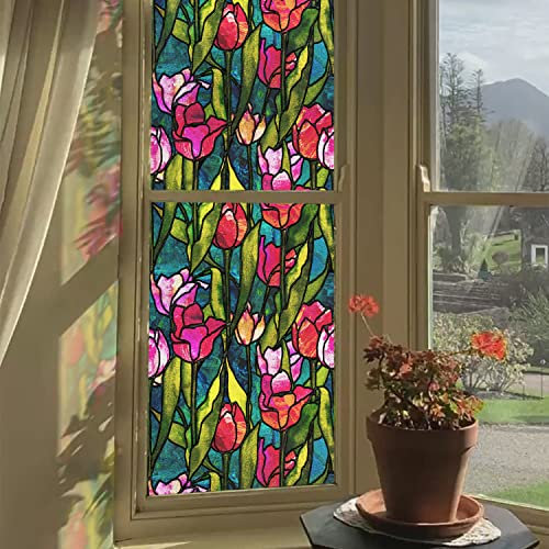Neukids 40x200cm Fensterfolie Buntglas, Doppelseitig rote Tulpe Statisch Haftend Sichtschutzfolie, Statische Fensterfolie Selbstklebende, Schlafzimmer Wohnzimmer Küche Glasaufkleber Dekorfolie