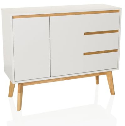 hjh LIVING Commode 3 tiroirs, 2 Portes TAROLO I Buffet de Style scandinave, Soft-Close, Design sans poignées, Armoire avec Pieds en Bois, Blanc