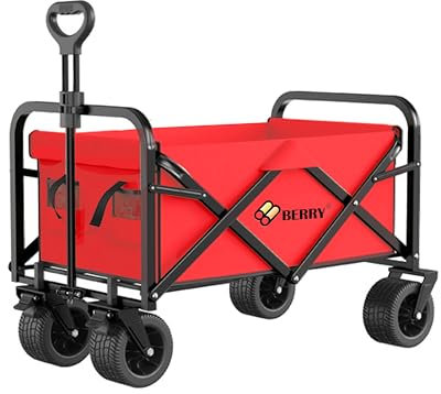 Berry 150KG Capacity Heavy Duty Foldable Utility Wagon - Red Collapsible Cart with Adjustable Handle, All-Terrain Wheels, & Sturdy Frame for Camping, Beach, Shopping