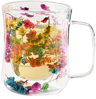 Tazza in vetro a doppia parete, tazze in vetro con fiori secchi Tazze trasparenti, Tazze da tè in vetro con fiori da 370 ml, Tazze per caffè espresso a doppia parete