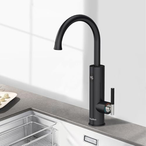 Briwellna Electric Fast Heating Tap, Kitchen Stainless Hot Water Tap with Digital Display, 360 Degree Rotate Instant Water Heater Faucet 220V (Black)