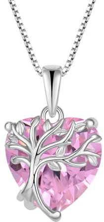 FJ Collier en argent sterling 925 avec pendentif arbre de vie en forme de cœur et pierre de naissance - Cadeau pour femme, Zircone cubique, Tourmaline