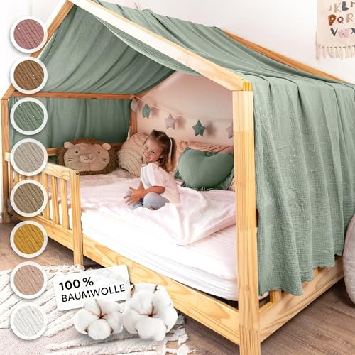lilimaus Hausbett Himmel mit Gold Applikation [in 12 Farben] Betthimmel Hausbett aus 100% Baumwolle Musselin - Stoffhimmel für Hausbett Deko Mädchen & Jungen - Himmel für Hausbett Kinderbett Vorhang