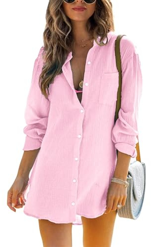 Cicy Bell Camicetta a Maniche Lunghe da Donna Top in Cotone Estivo Camicia abbottonata Abito da Spiaggia Bikini Copricostume, Colore: Rosa., M
