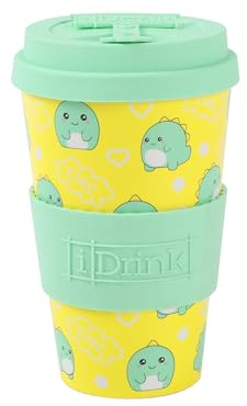 IDRINK®- RPET-Kaffeebecher mit Silikonverschluss zum Öffnen, leicht zu tragen 435 ml Becher zum Mitnehmen aus recyceltem Kunststoff 8,7 x 8,7 x 15 cm 435 ml (HELLO DINO)