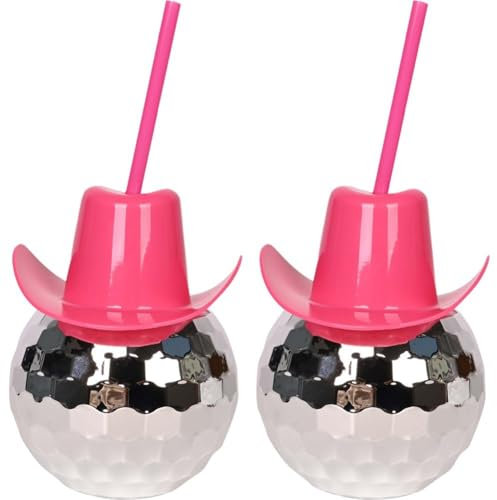 Lpitoy 2 Pcs Disco Ball Cups Pink Cowgirl Hat Mirror Party Cup 70s Cocktail Cup Wine Glass for 1970s Bar Dance Cowboy Bachelorette Party Supplies