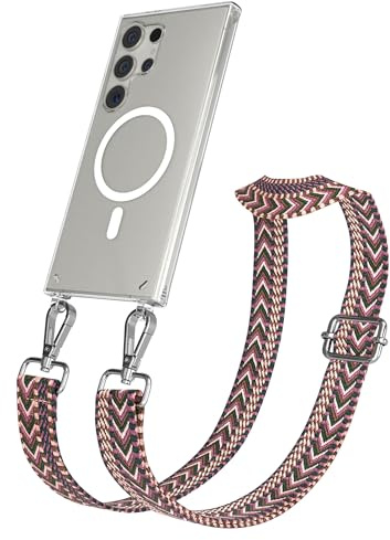 EAZY CASE Handykette - Verstellbares Taschenband kompatibel mit Galaxy S24 Ultra, Schulterriemen, Handykordel mit Silikon Hülle, Qi Charging kompatibel, Umhängetasche, Beere Pink Silber