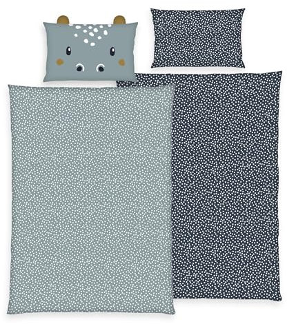 Familando Baby Bettwäsche aus 100% Baumwolle Oeko-Tex mit Reißverschluss · Deckenbezug 100x135 Kissenbezug 40x60 cm · Kinderbettwäsche in verschiedenen Tier Motiven (Hippo)