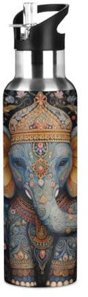 Mexpekil Elephant Boho Floral 600ml Insulated Water Bottle with Straw Lid Stainless Steel Thermos Bottle Vacuum Flask Leakproof Travel Sports Water Bottles for Running Cycling Hiking
