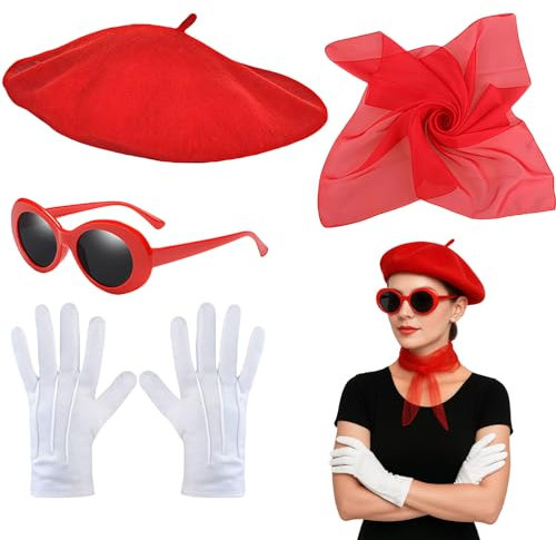 GWAWG 4-teiliges französisches Damen-Set, rot, Barett, Schal, Sonnenbrille, Handschuhe, Fancy Dress Kostüm, Zubehör, französische Künstler, für Mädchen, Cosplay, Party