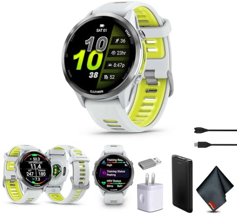 Garmin Forerunner 970 - Smartwatch da corsa, con GPS e fitness per uomo e donna, in titanio con cassa in pietra bianca e banda gialla con amplificatore traslucido e P-Bank + altro